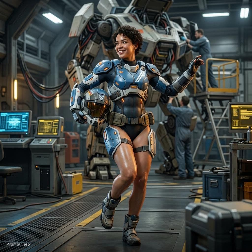 AI generated: A female mecha pilot in futuristic armor; it doesn't cover her entire body, just the area covered by...