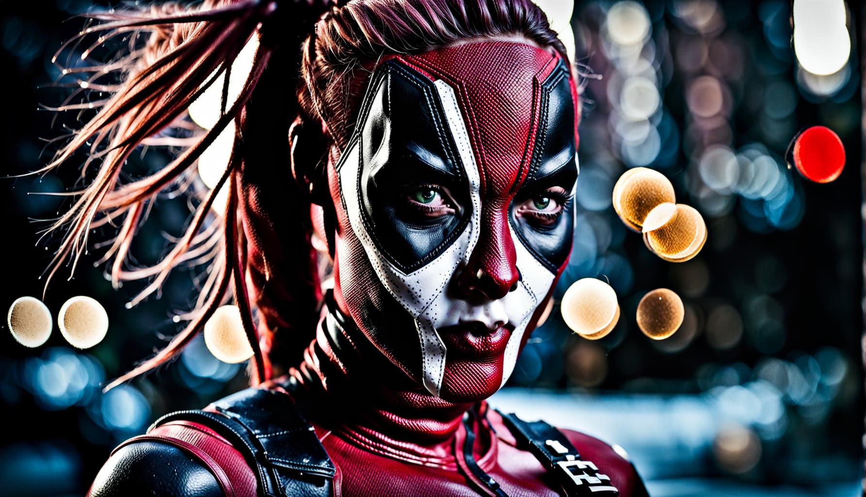 AI generated: 500mm RAW portrait photograph, close-up, a cute girl cosplaying Deadpool, the iconic dark red tatter...