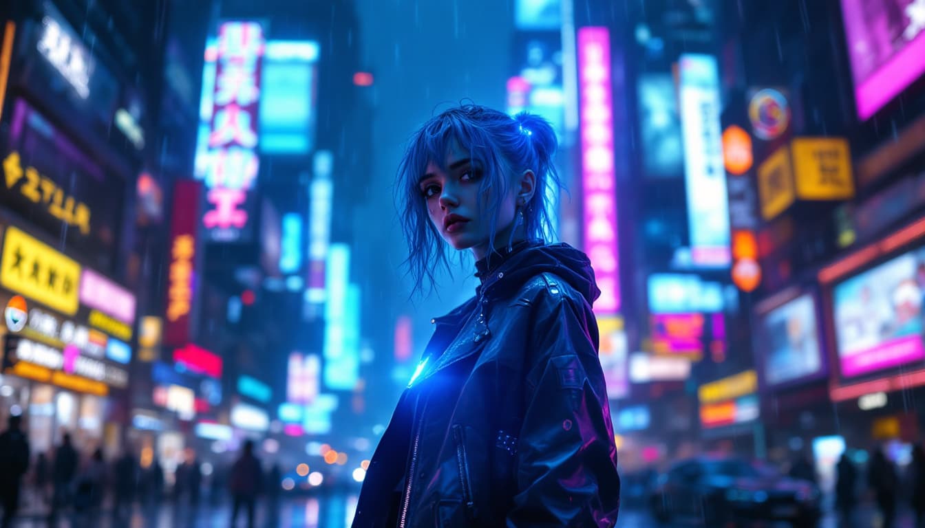 AI generated: A full-body portrait of a cyberpunk girl standing alone in a neon-lit futuristic city. She has shoul...