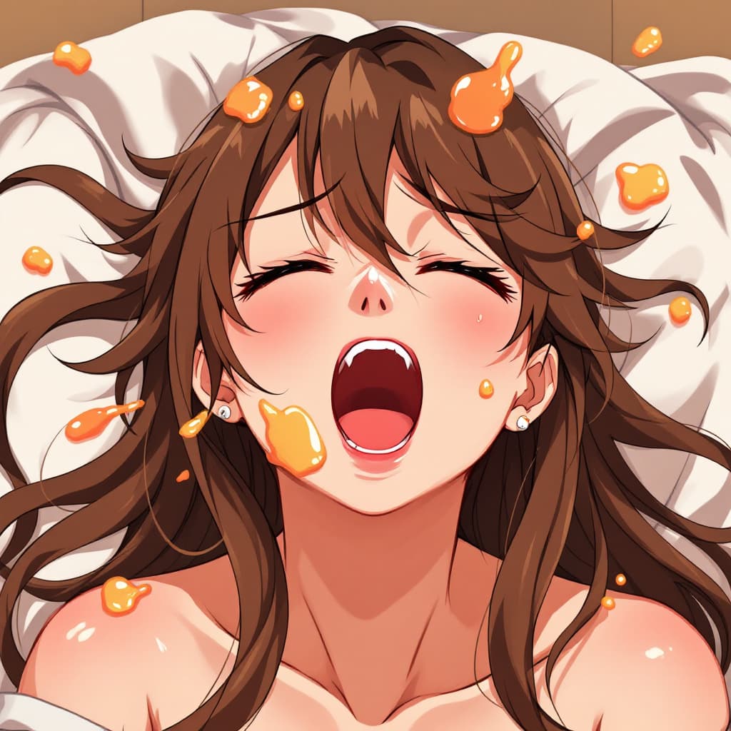 AI generated: waifu with brown hair, moaning anime, crossed-eyed, pleasured face, opened eyes, juice on face
