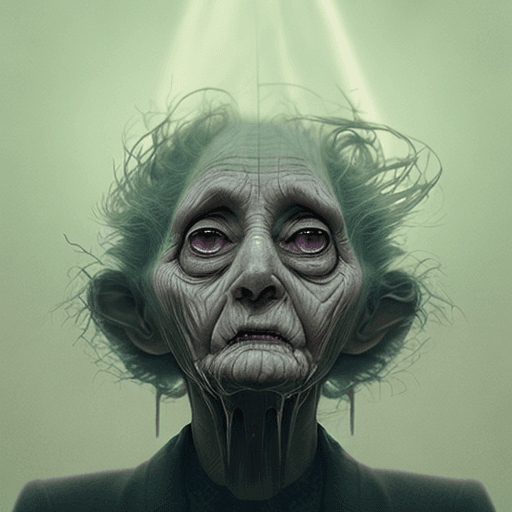 AI generated: a creepy old woman makes scary faces at the camera, in the style of video glitches, john harris, nar...