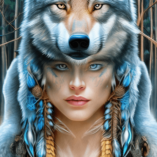 AI generated: a photo of a wolf with blue eyes looking at herself, in the jungle with fire, realistic hyper-detail...