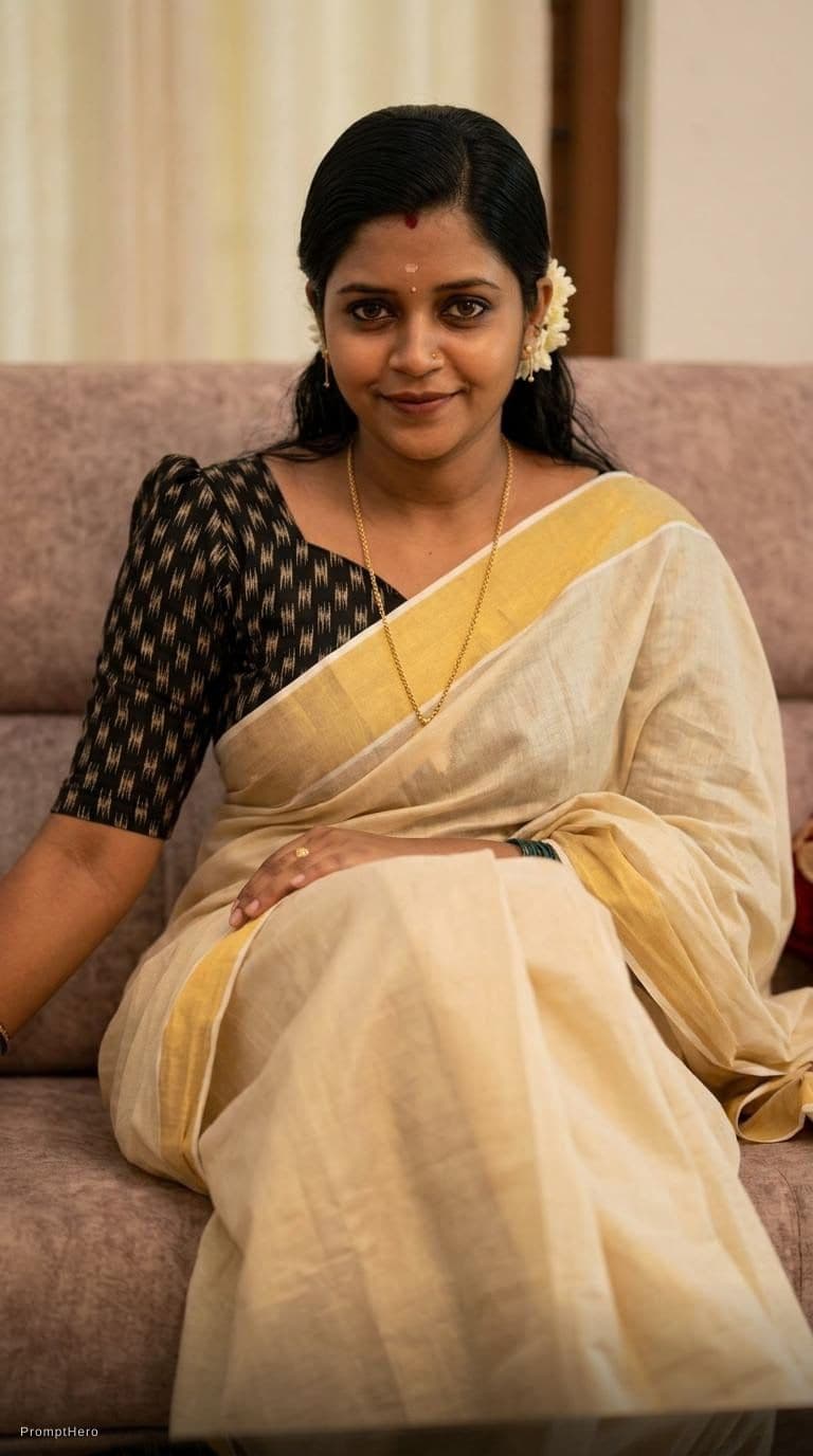 AI generated: Sitting on a couch with legs crossed teasing, same uploaded hairstyle, wearing same décolleté saree ...