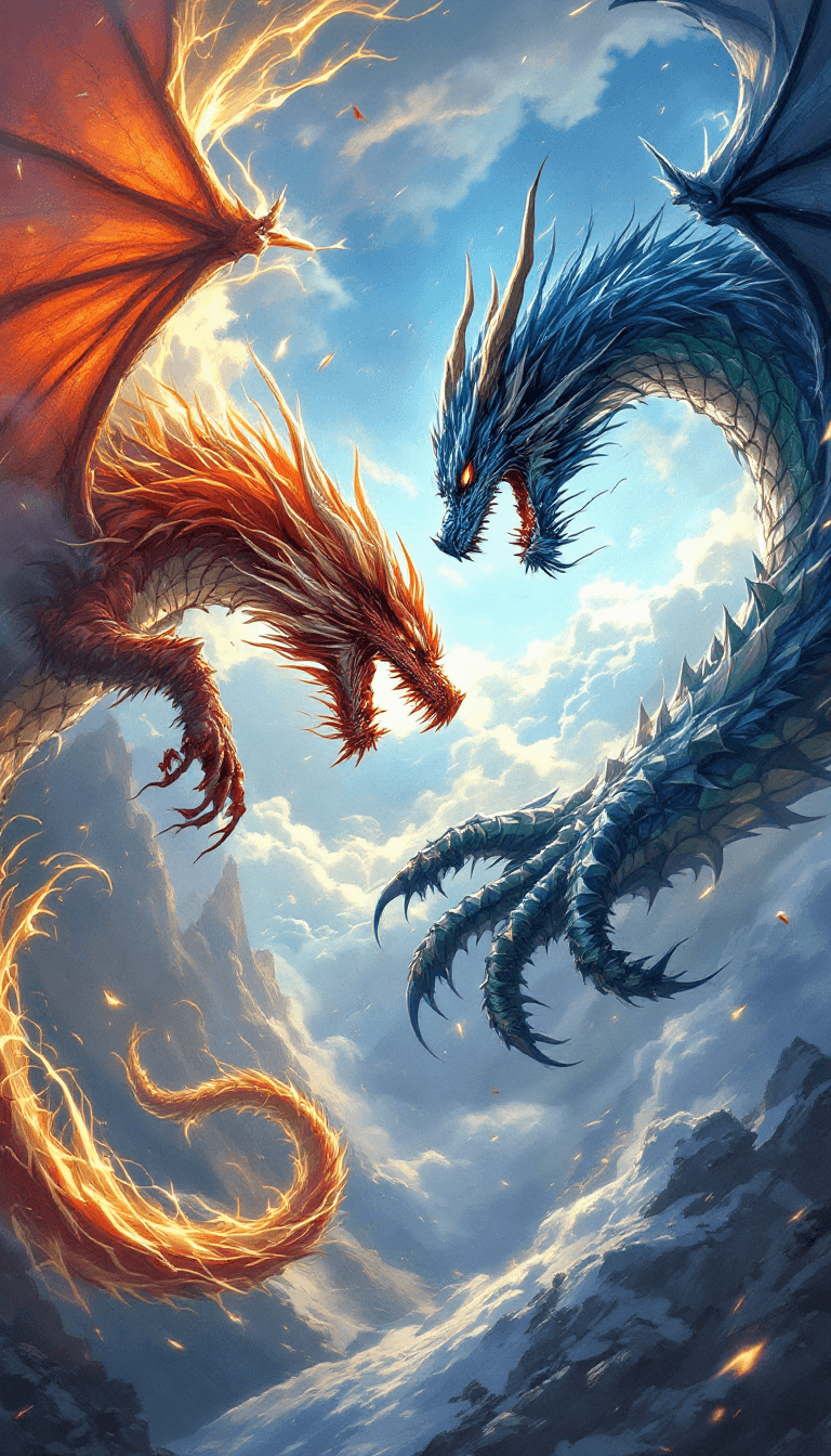 AI generated: Fierce battle in the sky between two dragons --chaos 75 --ar 1:2 --style raw --profile rsy6uq9 --sty...