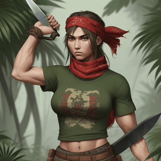 AI generated: tall catachan warrior girl with big cheast. muscular large strong build. red bandana with aquila on ...