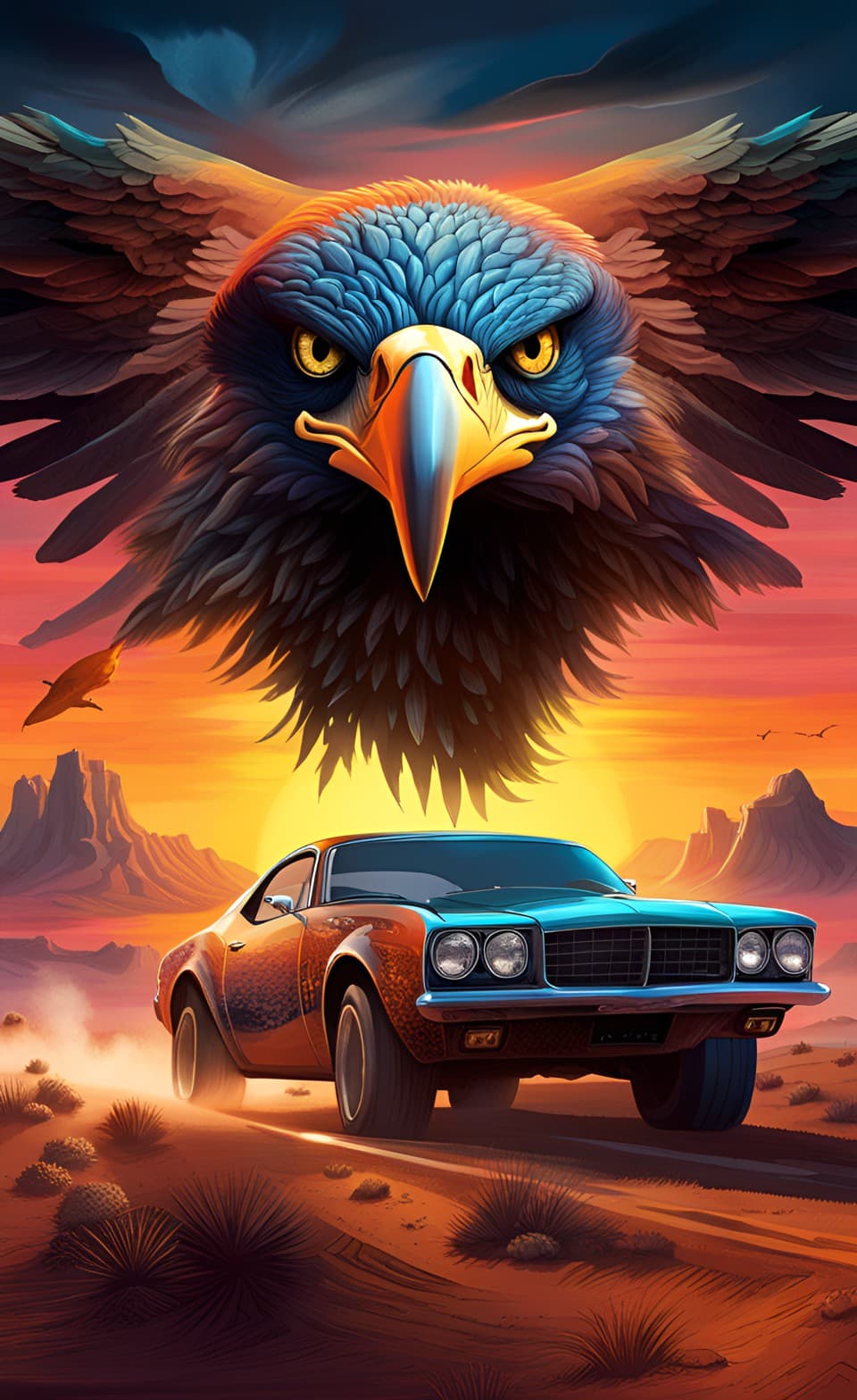 AI generated: A beautiful Comic style poster, in a gorgeous sunset desert theme setting, of a classic retro muscle...