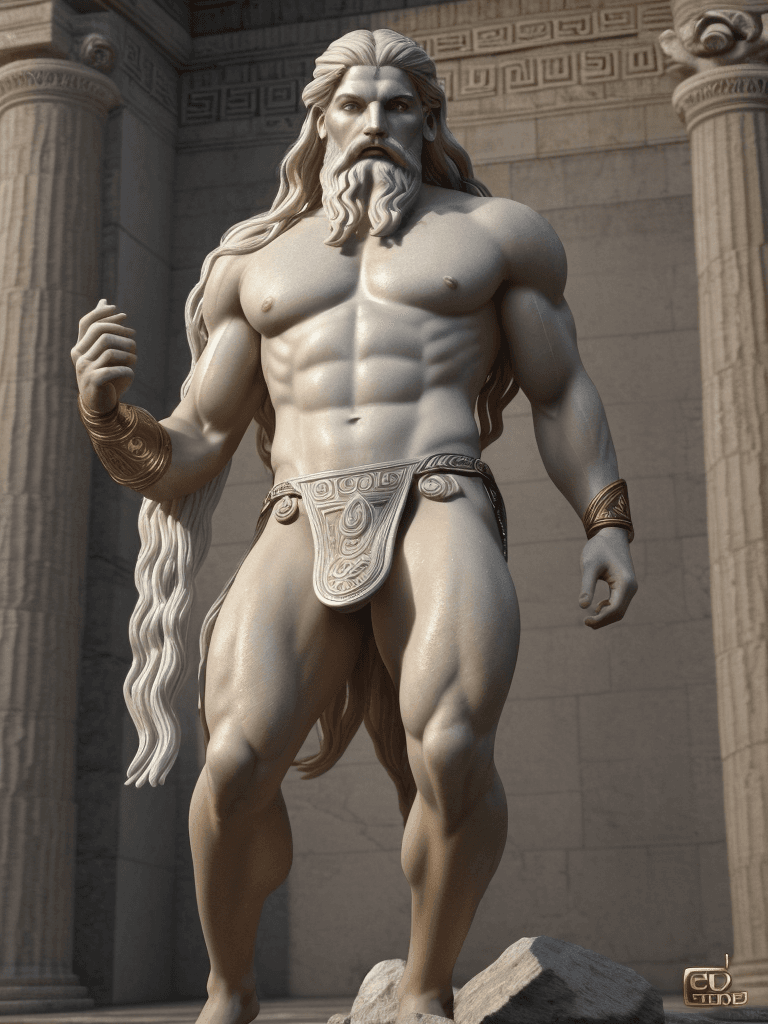 AI generated: A male ancient greek atlantean god Zeus in the flesh, long flowing golden hair, huge strong muscular...