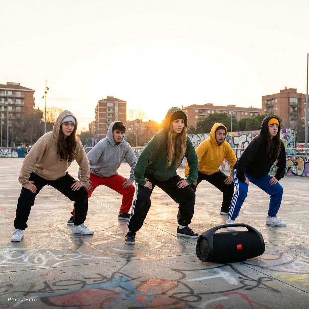 AI generated: 5 hip hop dancers ans start to dance 