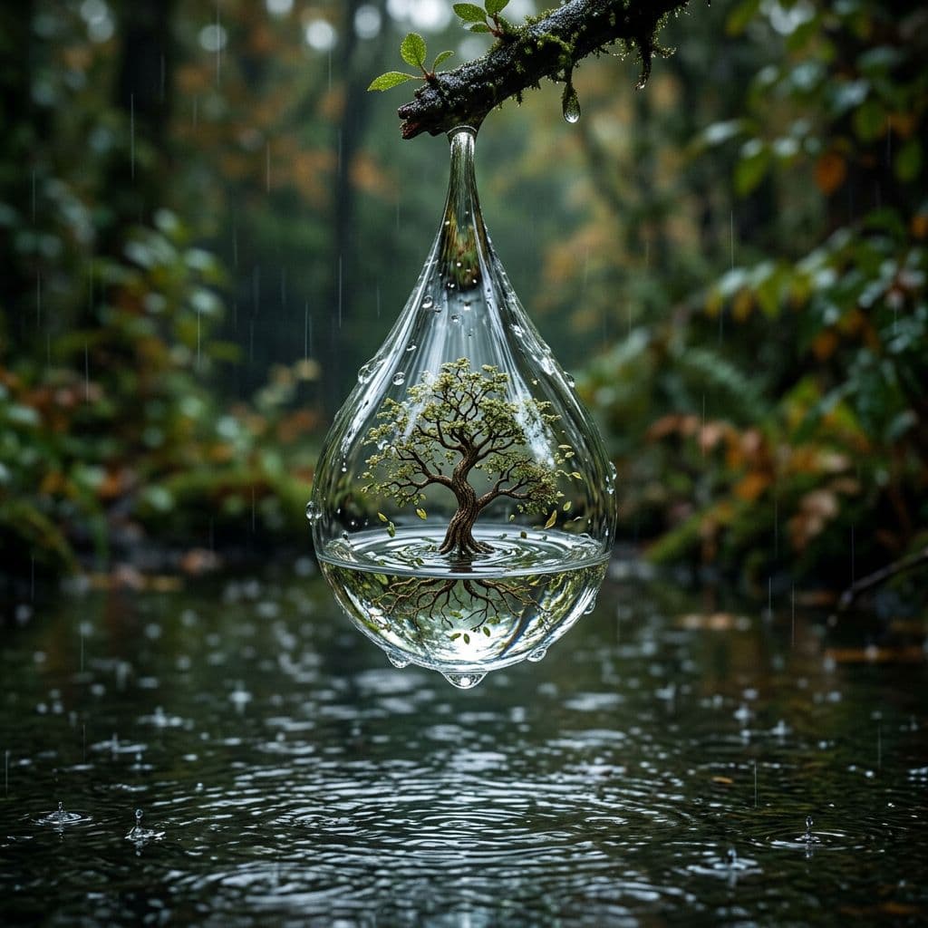 AI generated: 4K HD ultra-realistic image of a rain drop shaped like a tear with a tree floating in water inside