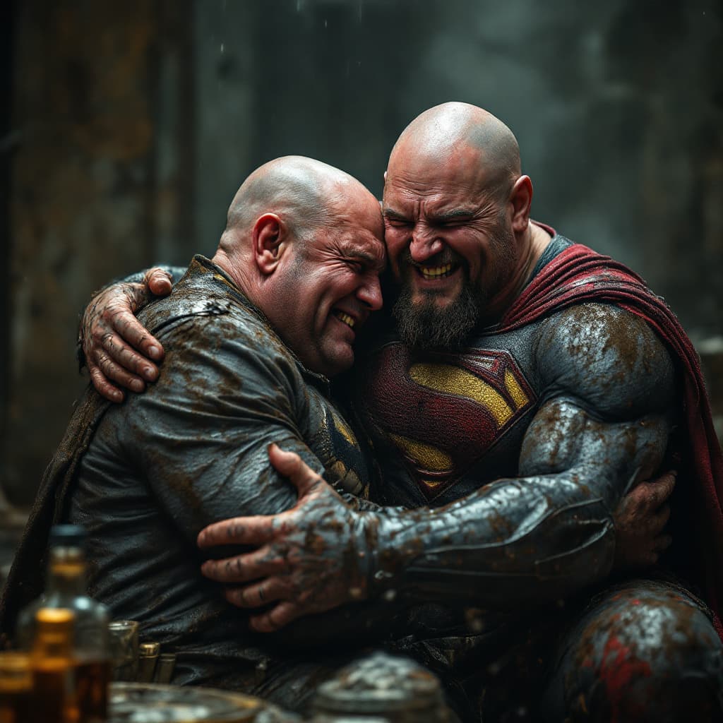 AI generated: photography, medium shot of a batman crying  and superman bald  drunk, laughing very fat, the suits ...