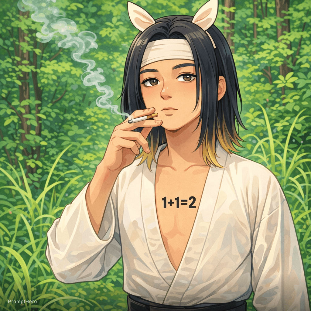 AI generated: A figure standing in a lush green forest, dressed in a white kimono-style outfit with a black belt. ...