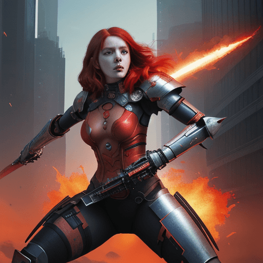 AI generated: An illustration of a fearless warrior with fiery red hair, in the style of Kaleidoscopic, Alex Schom...