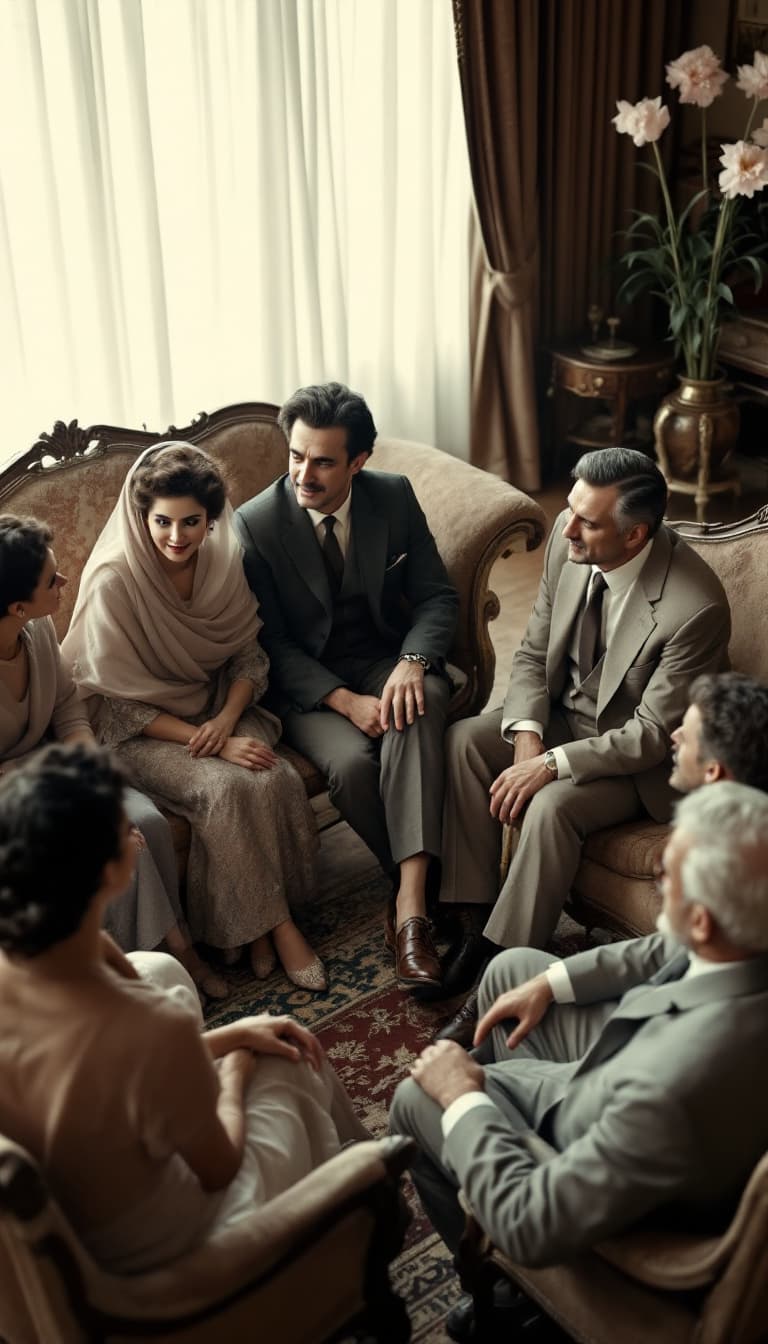 AI generated: A high-angle shot of a traditional Iranian engagement gathering in a spacious 1950s home. The living...