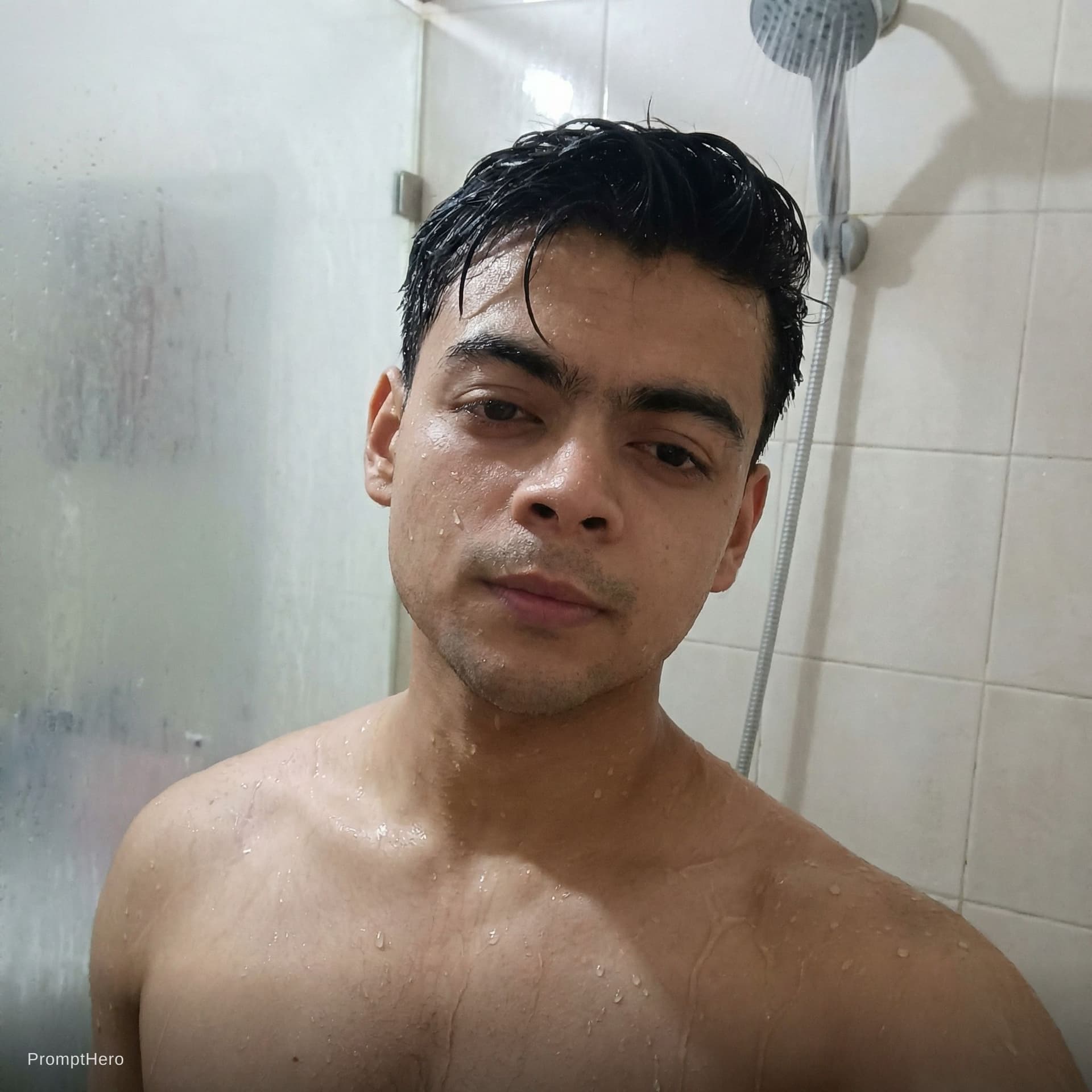 AI generated: Taking shower , full body with realistic look close pose selfie pose 