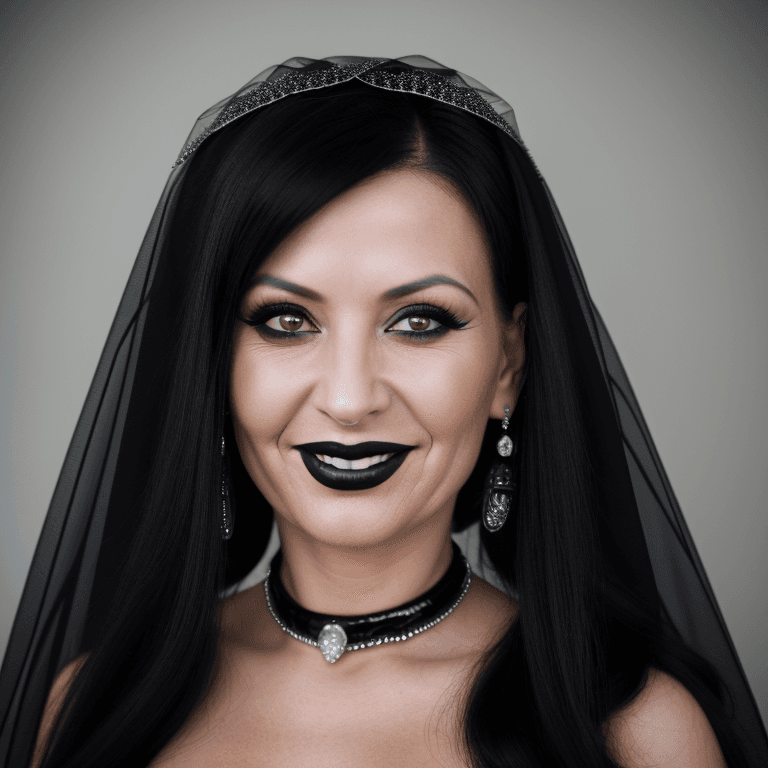 AI generated: hyper realistic headshot photo of a 45 year old woman, wearing a black latex Wedding dress with a bl...