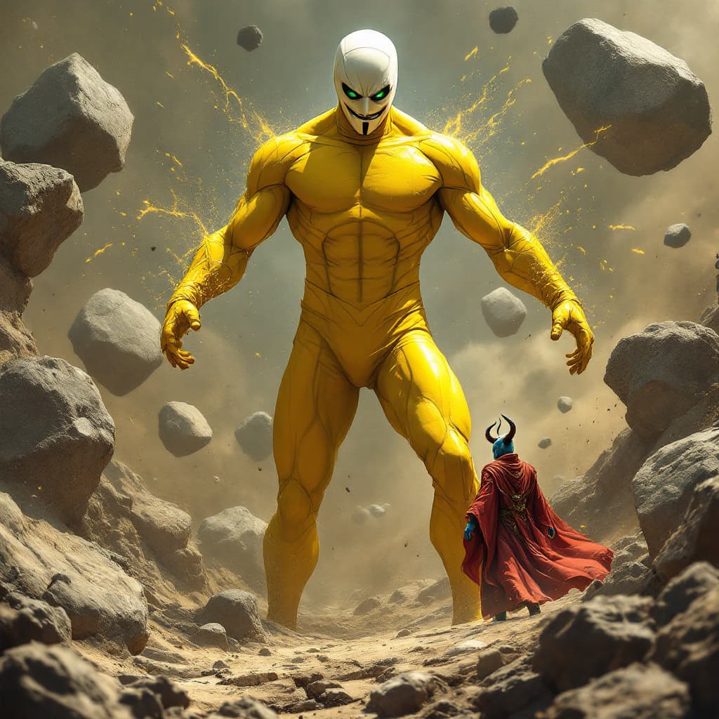 AI generated: A tall and slender hero wearing a bright yellow suit, with a white mask resembling the one from 'V f...