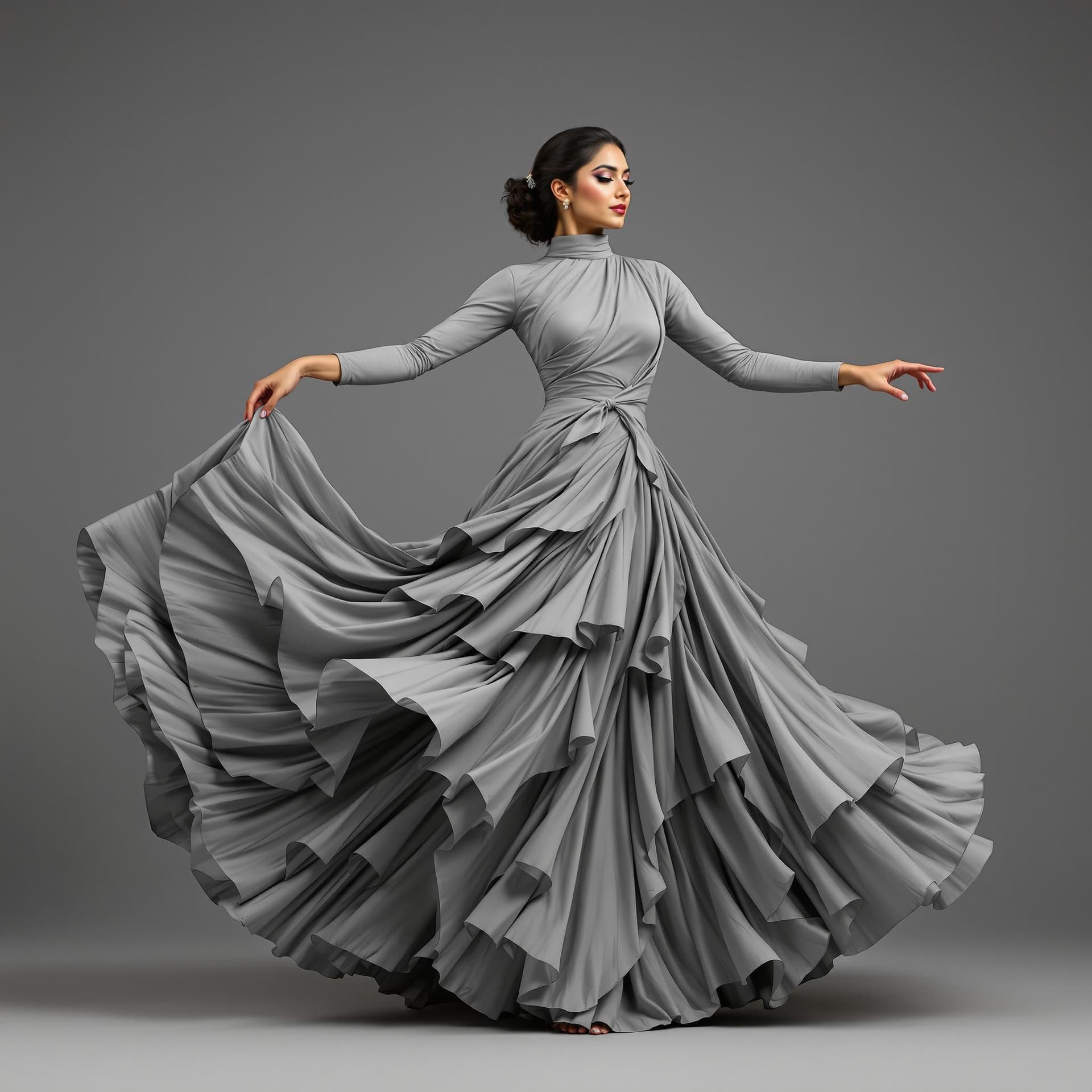 AI generated: The image is a full-length portrait of an Indian woman dancing in a flowing grey dress. The dress fe...