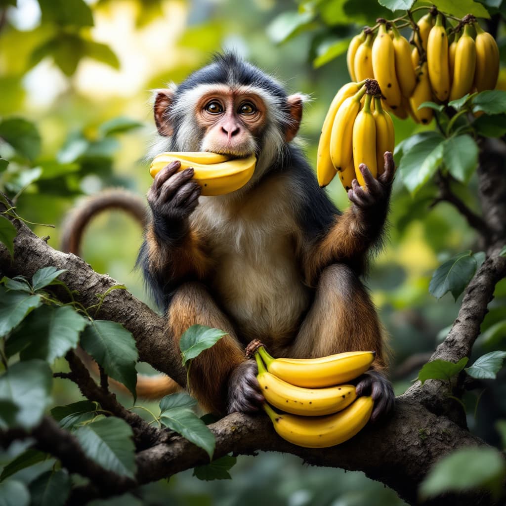 AI generated: 
generate an image of a monkey eating bananas on top of a tree sitting on a branch with a lot of lea...