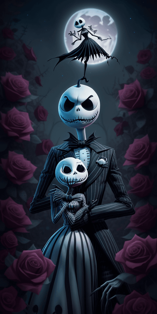 AI generated: **The Nightmare Before Valentines Day, Jack Skellington and Sally showing affection, glowing hearts,...