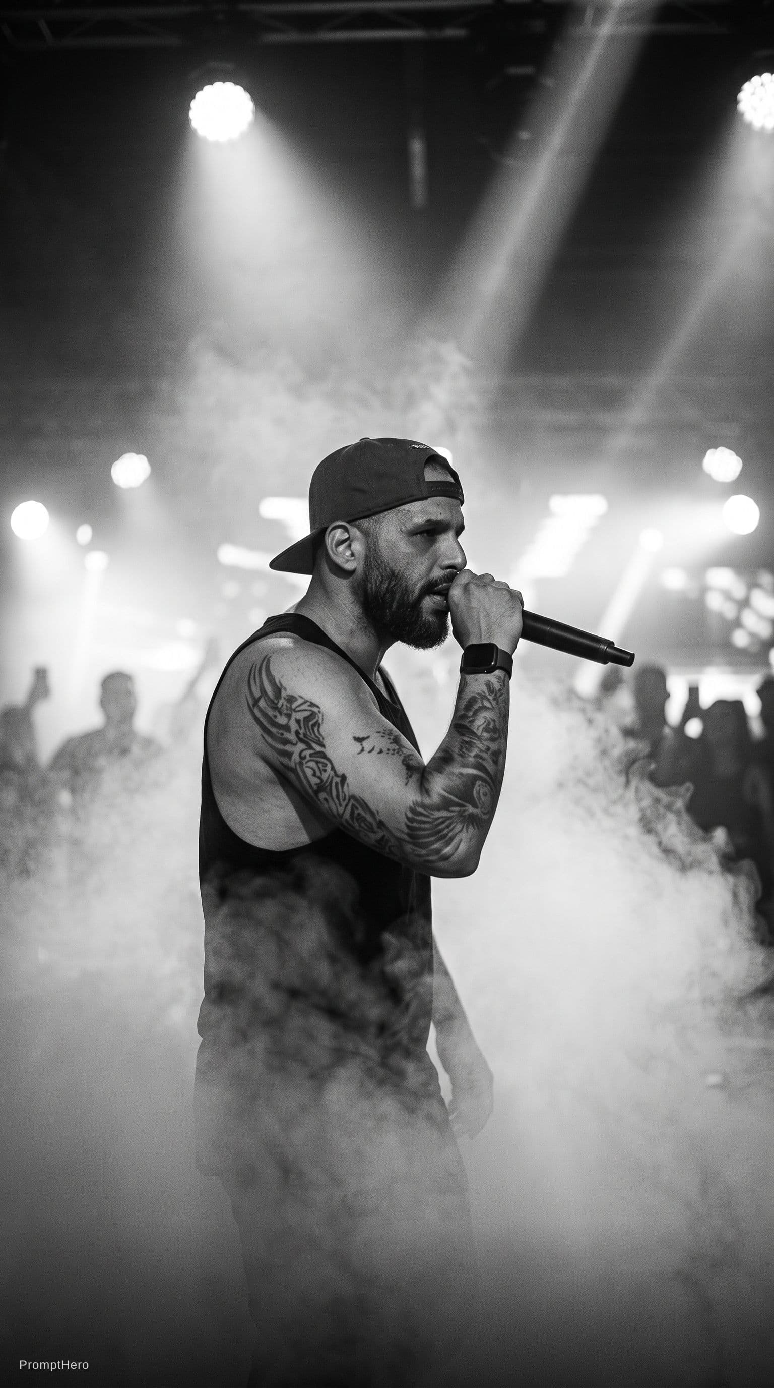 AI generated: black and white photography of rapper in baseball cap emerging from fog on stage during concert, sid...