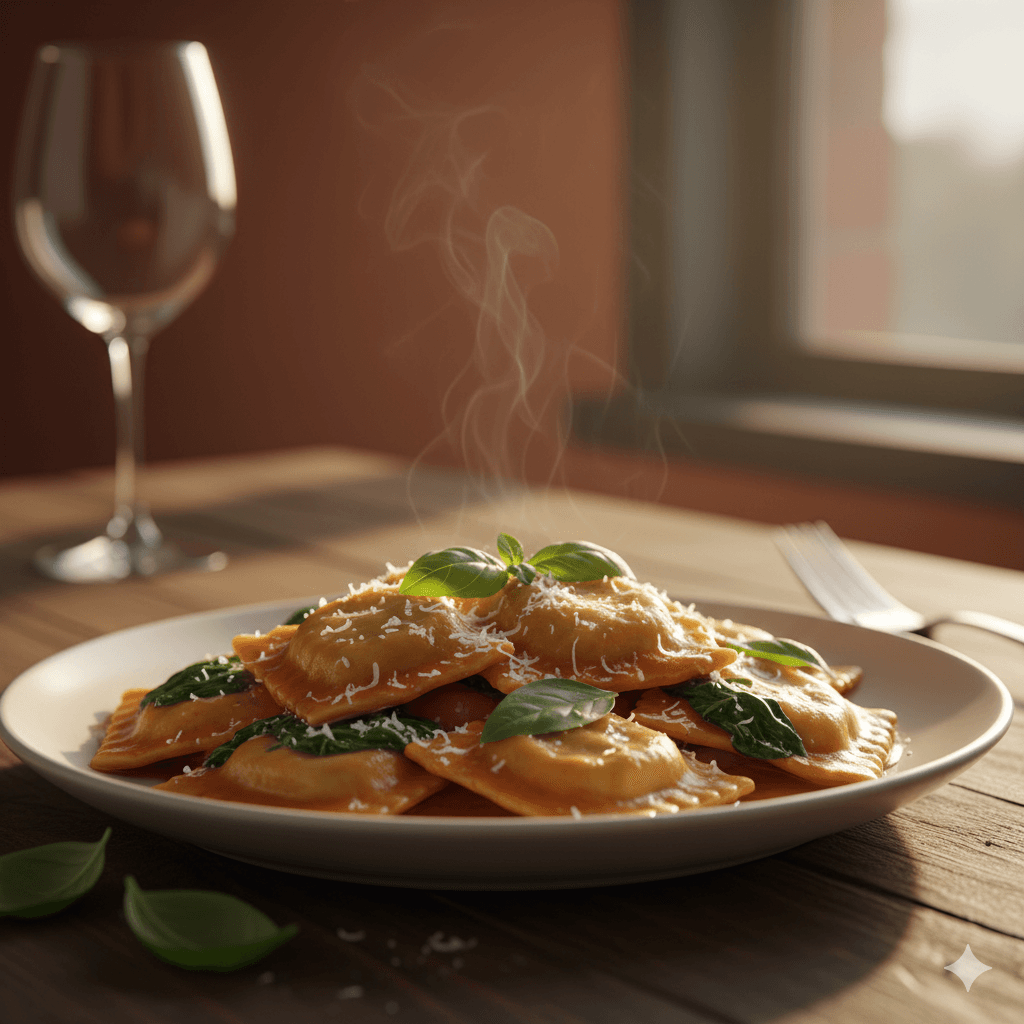 AI generated: {
  "prompt": "Imagen hiperrealista de un plato de raviolis frescos servidos en una mesa rústica de...