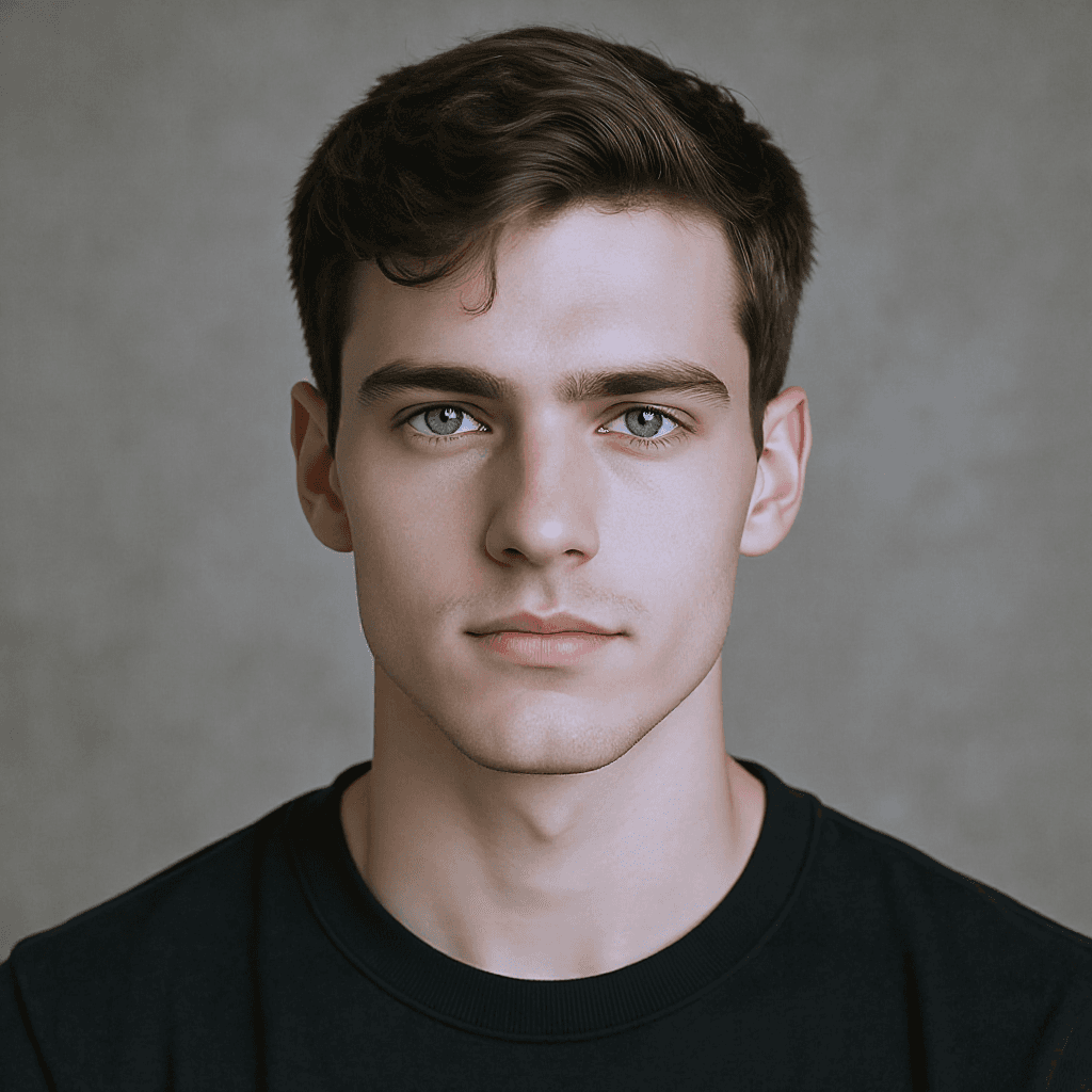 AI generated: Young handsom man, brown short hair, blue eyes.

