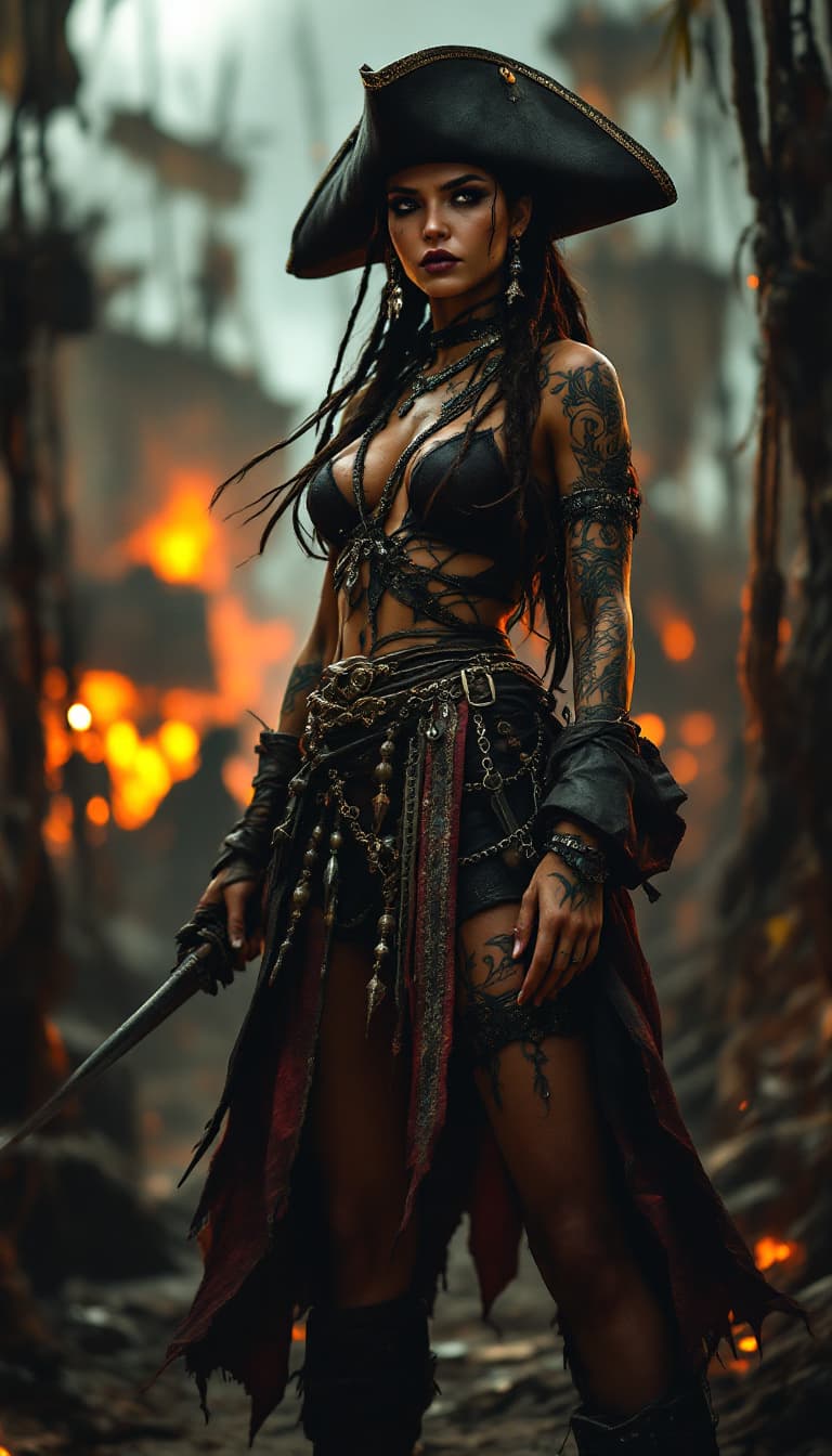 AI generated: Full body view A commanding Native Caribbean pirate captain stands tall amidst the Pirate City of Lo...