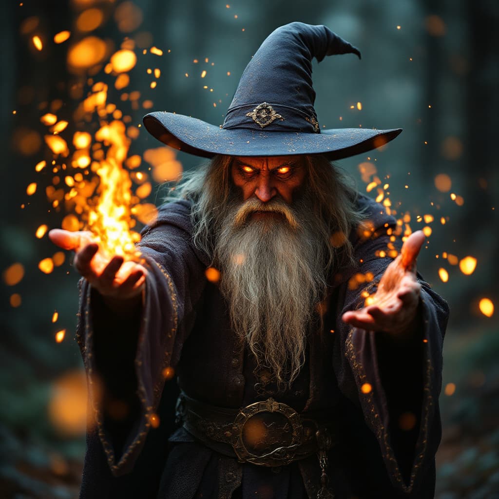 AI generated: Dark wizard, casting spells, centered, embers, bokeh, lens flare, light bloom, cinematic lighting, d...