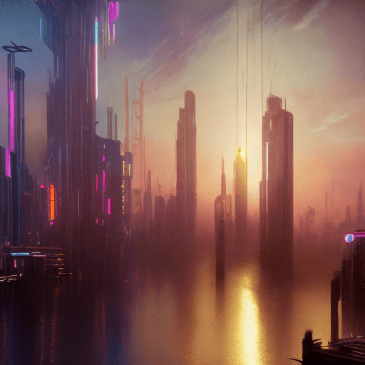 AI generated: A cyberpunk city scape at sunset in the style of JMW Turner. All neon chrome and looming shadows. A ...