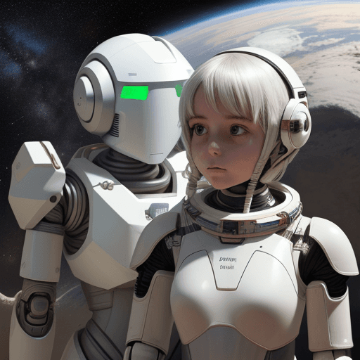 AI generated: a girl with white armor in the space and her robot friend with a rope connecting each other
