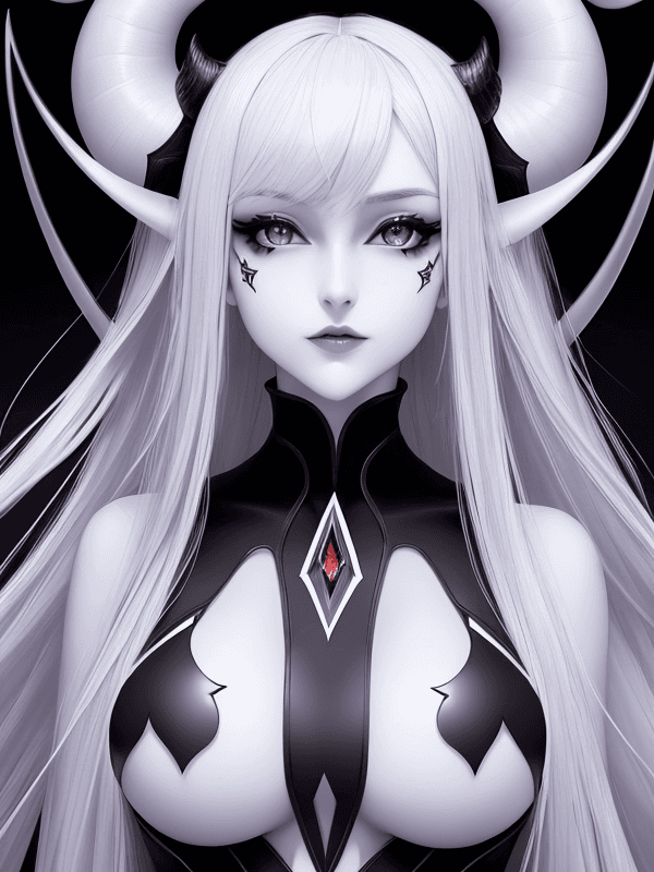 AI generated: A beautiful demon girl. Slender body. Fill body. Beautiful symmetrical demon horns. Demon wings. Ele...