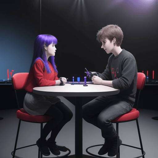 AI generated: A girl and a guy are sitting , there is a red button on the table,they are in the video studio,the m...