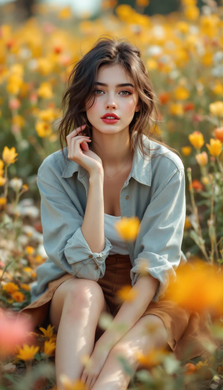 AI generated: fashion model, sitting on the ground, fun style, style: spring time fashion look, ultra-realistic po...