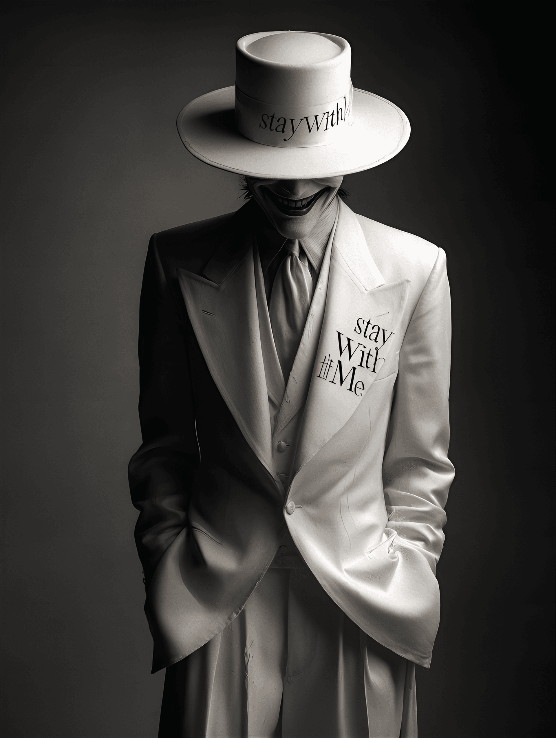 AI generated: Man in a white suit and hat, laughing,  embroidered on the suit and hat,  studio portrait,  pale ski...