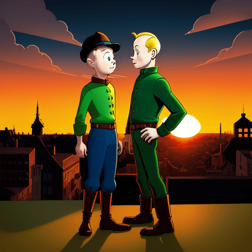 AI generated: Tintin, by Pixar Animation Studios, by Art Spiegelman, dynamic illustration, dramatic sunset backgro...