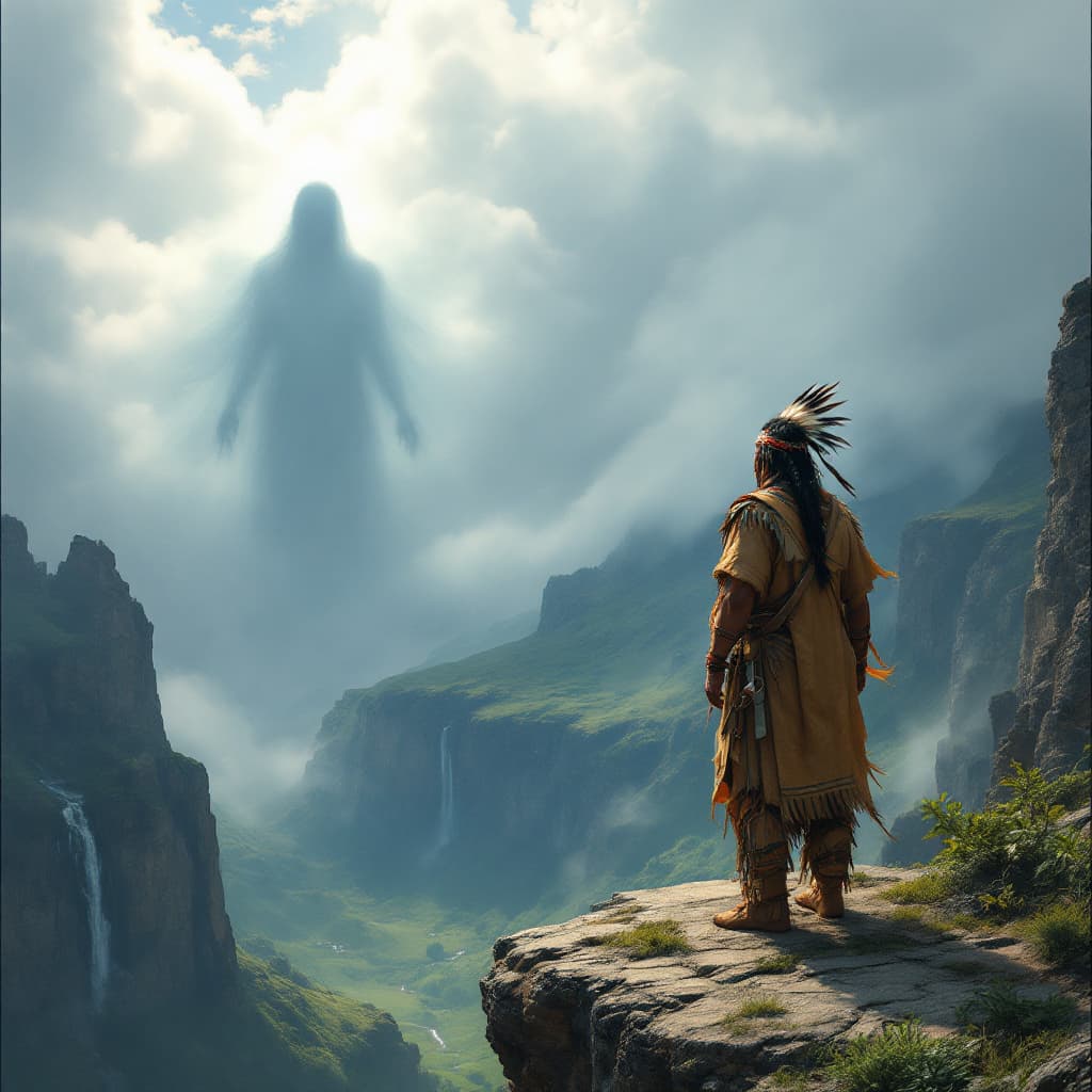 AI generated: A Native American man in traditional attire stands on the edge of an ancient cliff, overlooking vast...