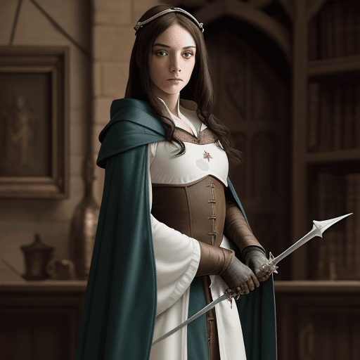 AI generated: medieval girl, rapier, wearing a robe, dark haired