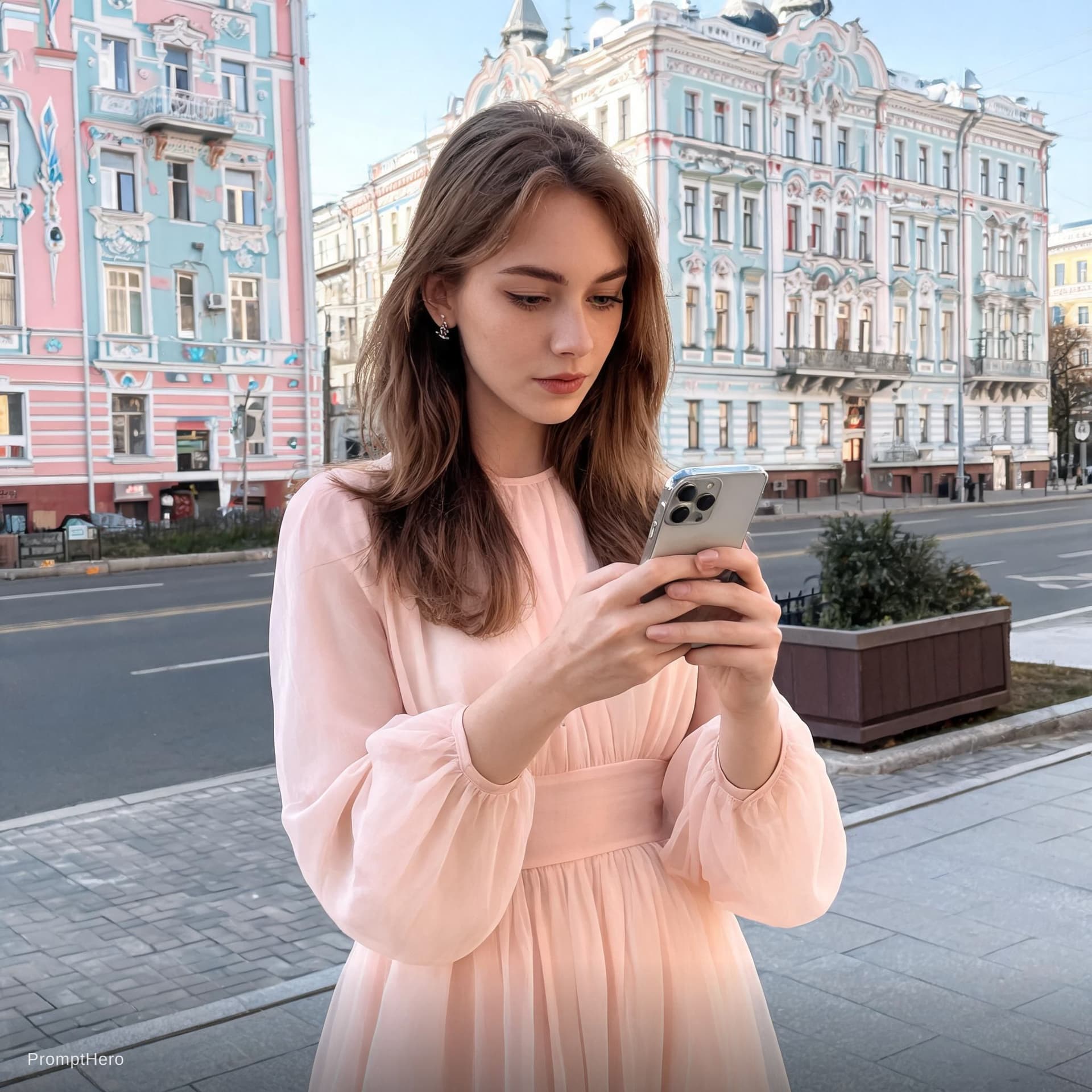 AI generated: Russian citizen Hot girl on dress and she still looking a phone 