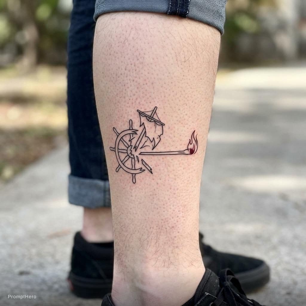 AI generated: A symbolic minimalist tattoo design. A simple flaming torch merged with a broken ship's rudder or sa...