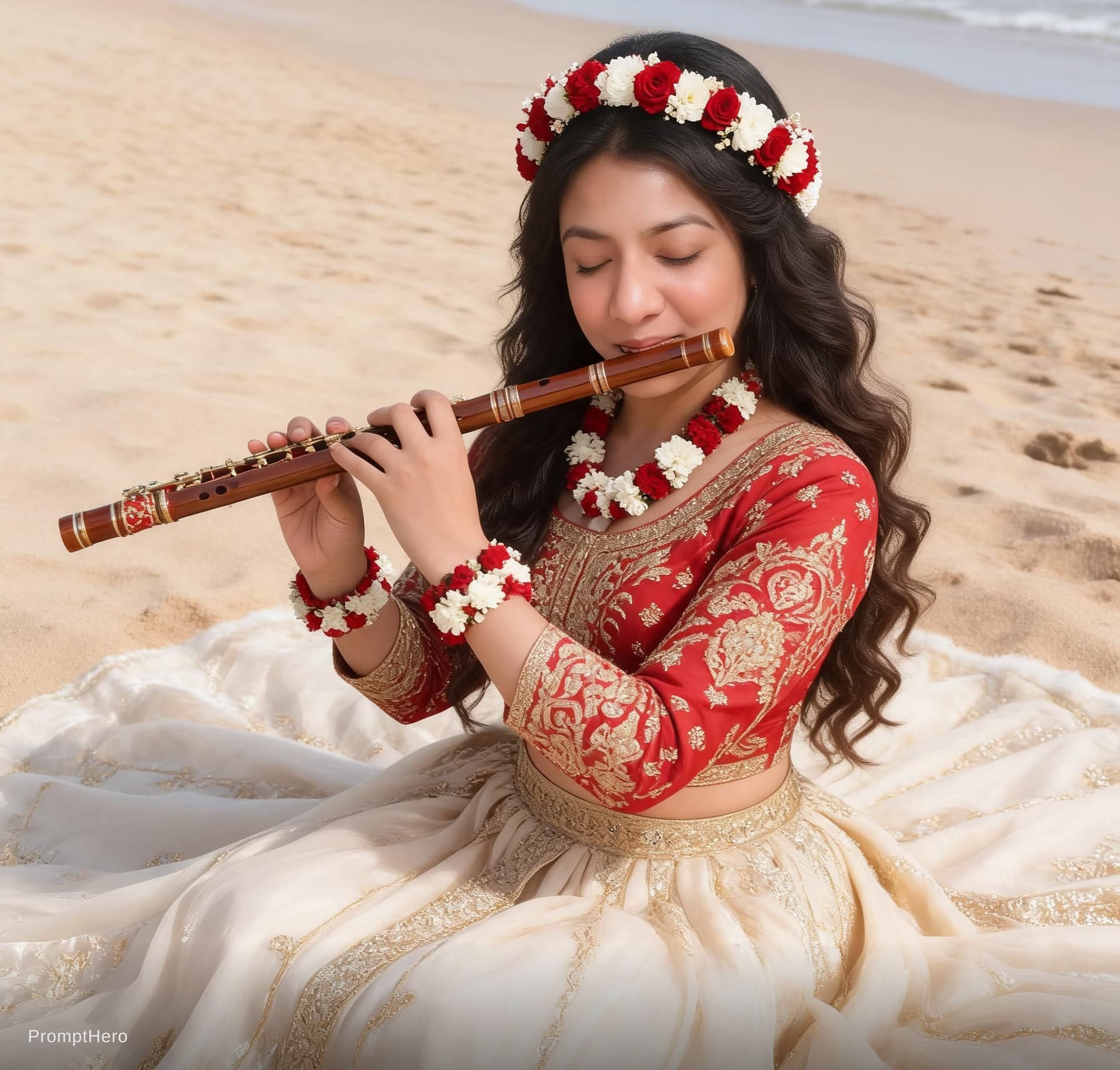 AI generated: She is playing a traditional wooden flute decorated with red and gold patterns, her eyes closed in a...