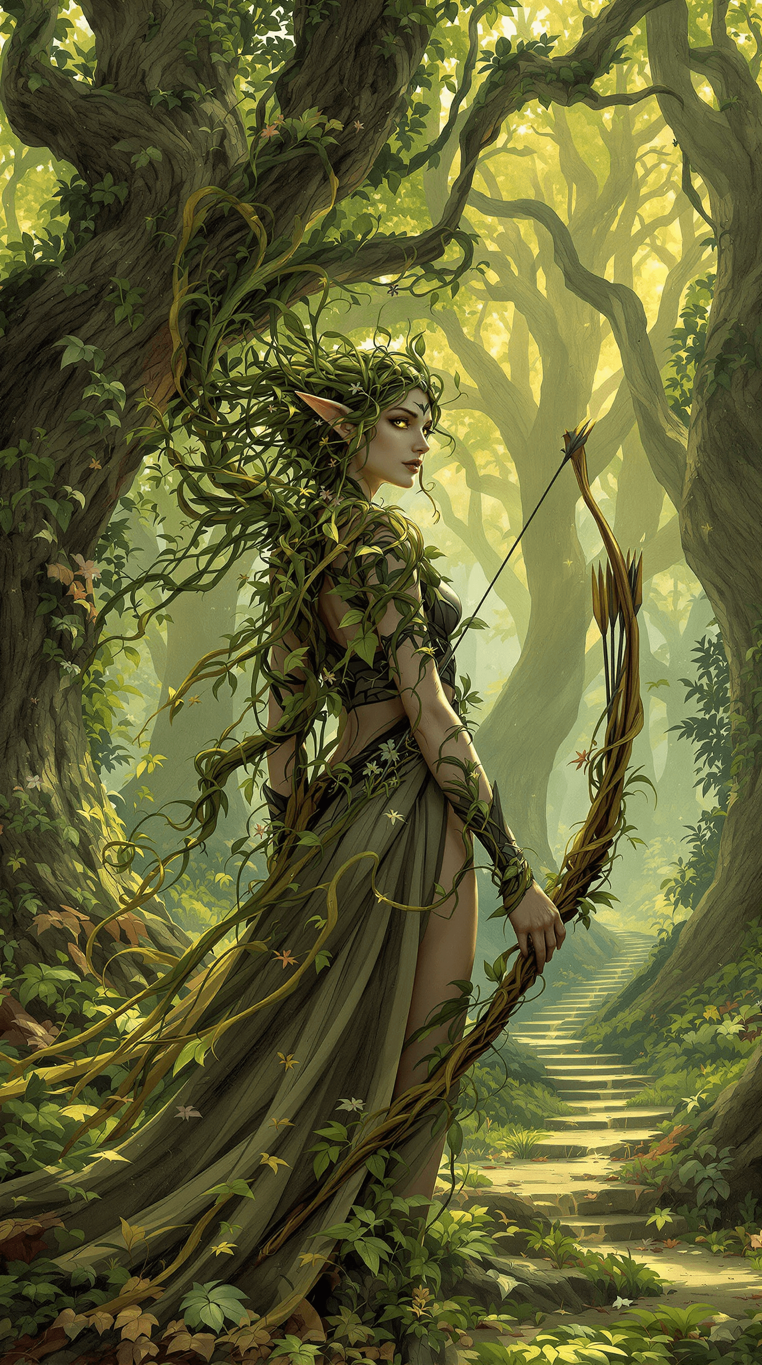 AI generated: A graceful elven archer, her long braided hair interwoven with living vines that sprout flowers, her...