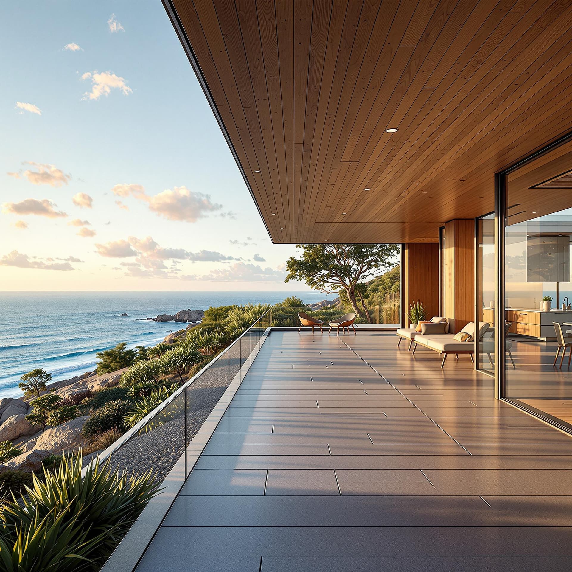 AI generated: Hyper realistic eye level exterior photo of a mid century modern style house overlooking the ocean, ...