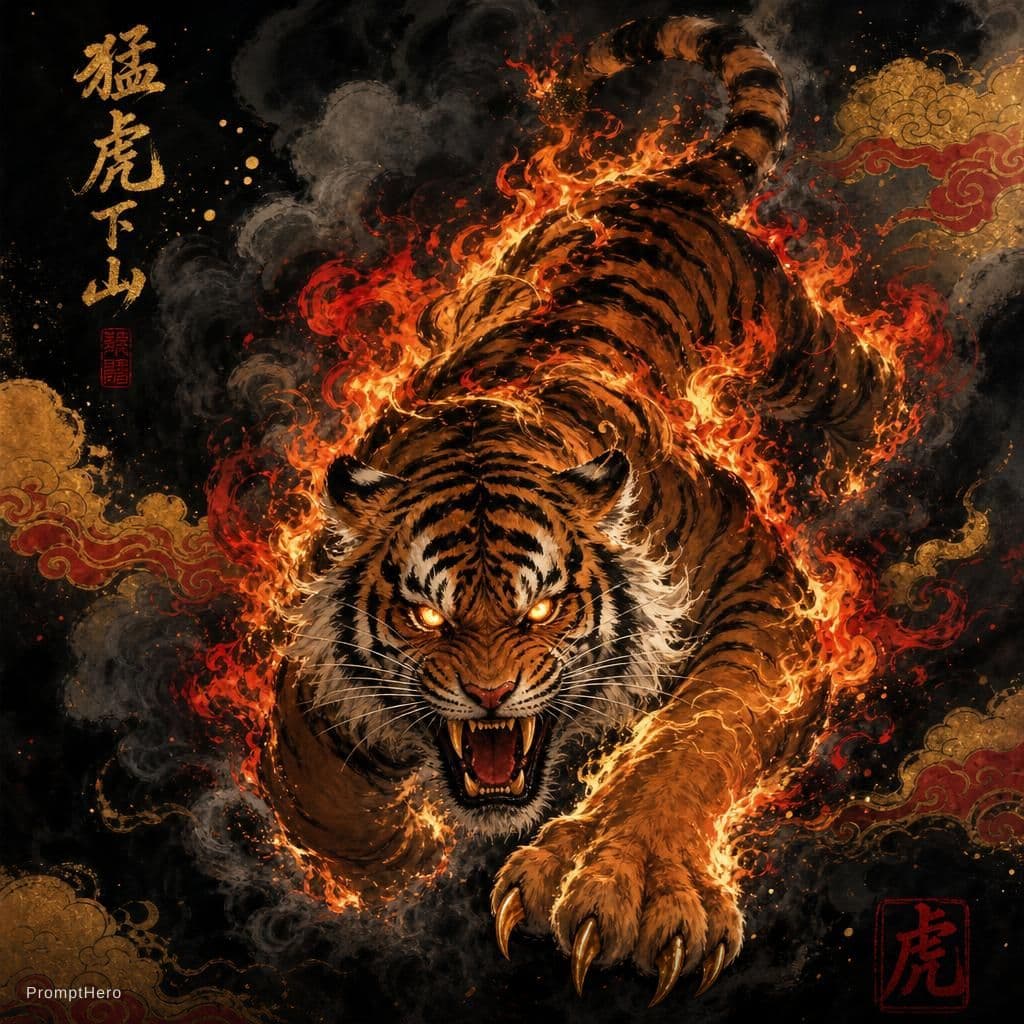 AI generated: Chinese ink wash art style, a ferocious tiger with flames engulfing its form, lunging toward the vie...