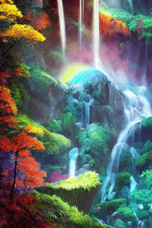 AI generated: Rainbow Waterfalls flowing up to the cliffs above in an enchanted forest on Pluto, Photorealistic, D...