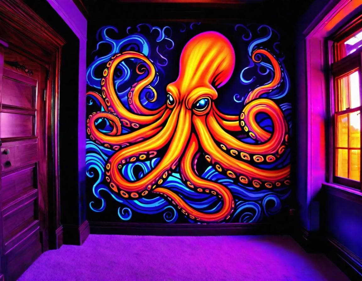 AI generated: black light also known as Ultra Violet Light but as a MURAL facial Kraken-Giant-Squid-Leviathan airb...