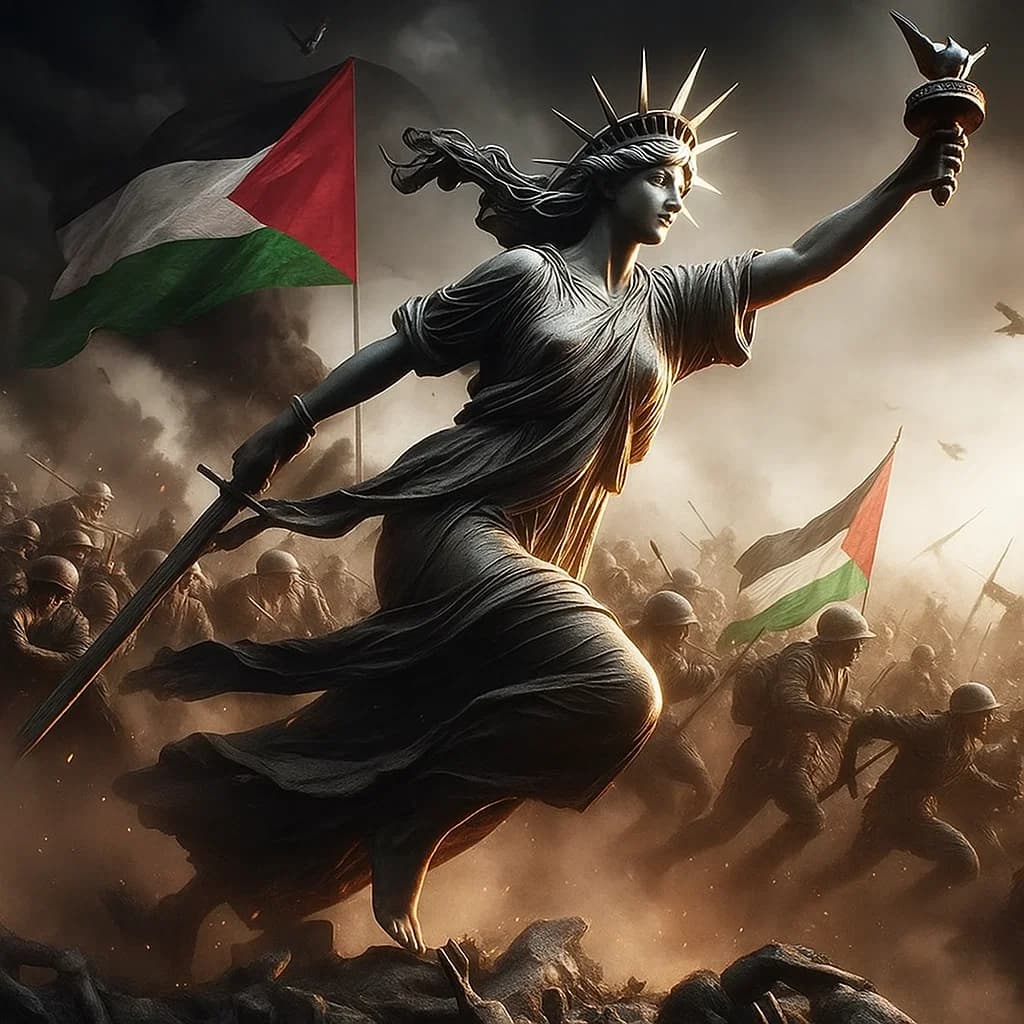 AI generated: Hyper-realistic yet artistic reimagining of "Liberty Leading the People." The Statue of Liberty stan...