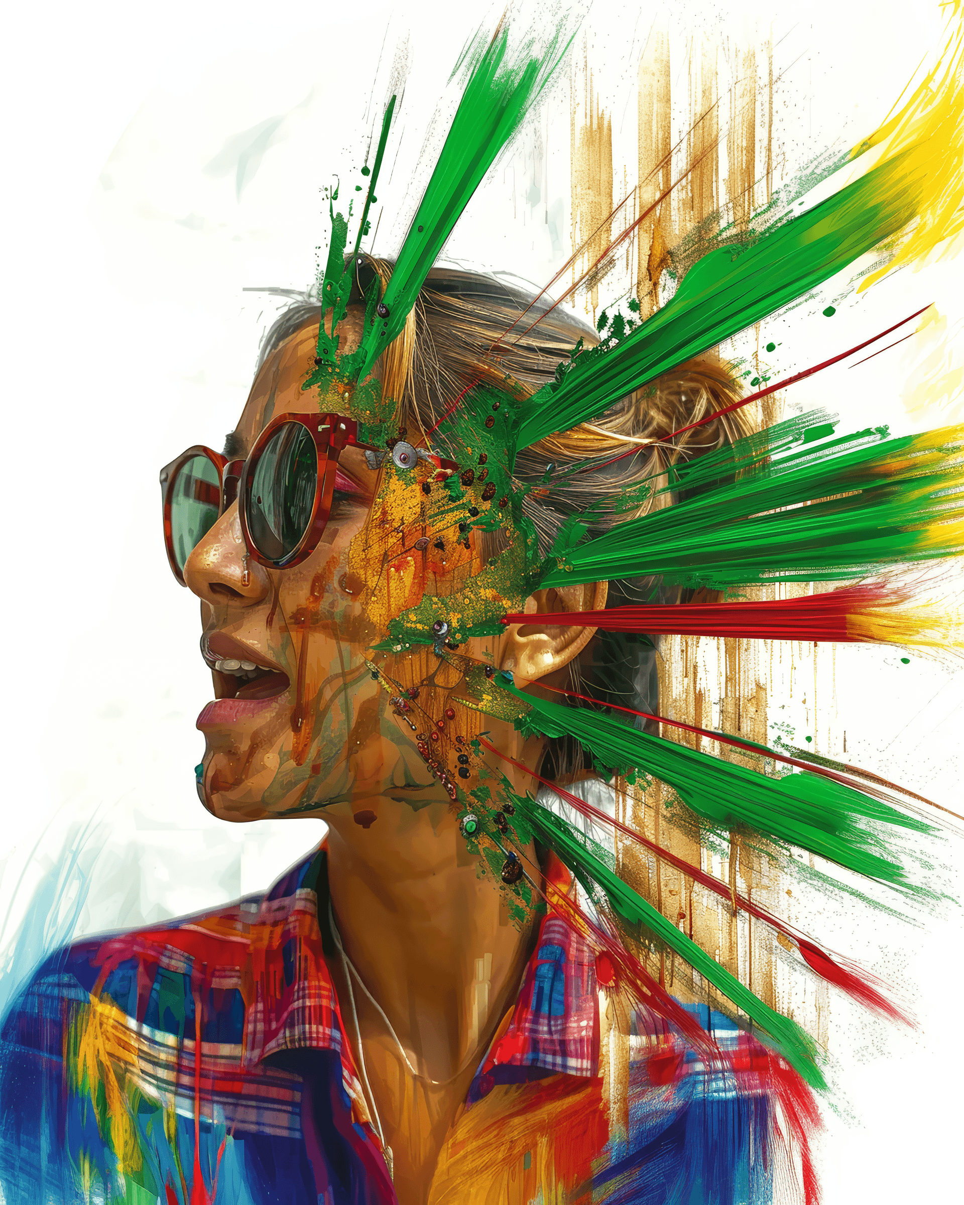 AI generated: psychedelic liquid painting, neon woman colors, green, blue cobalt, ruby red, orange, yellow, pink, ...