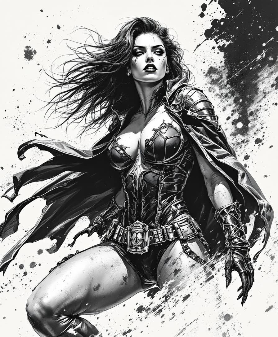 AI generated: female in 90s Top Cow comic style, dynamic pose, inked line art, comic book illustration, detailed s...