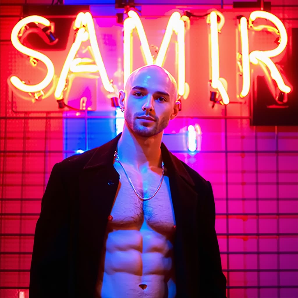 AI generated: a HANDSOME SKINNY BALD man stands in front of a neon sign that reads "SAMIR" in bold white letters. ...