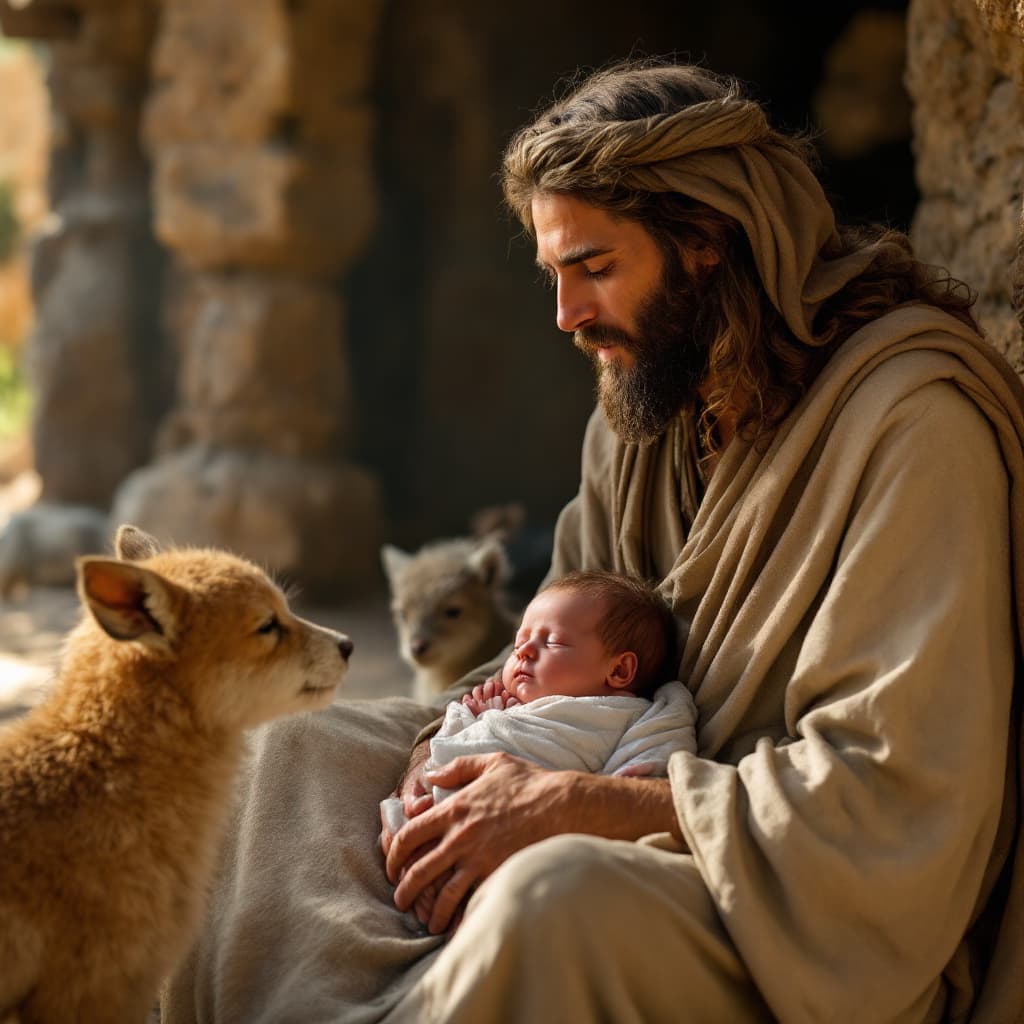 AI generated: Realistic picture of Joseph and Maria, in Jerusalen with the baby born, and little animals. Cinemati...